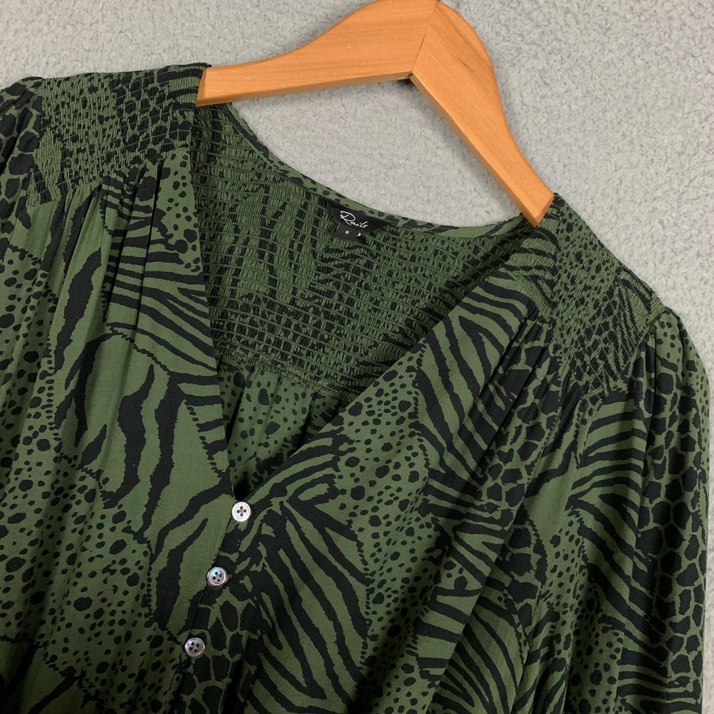 Rails Zana Mini Dress Size Small S Olive Mixed Animal Stripe Crepe Smocked Waist - Picture 4 of 11